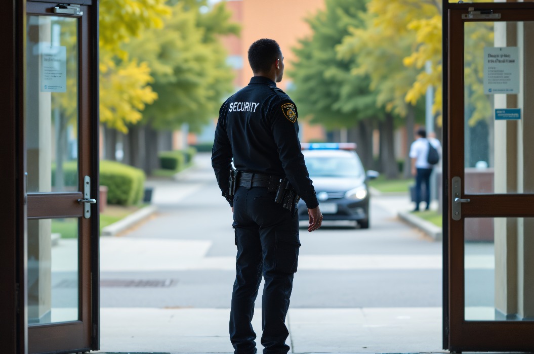 Ein Wachmann steht draußen und sorgt für die Sicherheit in einer friedlichen, gut gepflegten Umgebung.